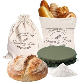 [2Pack+1] Bread Bags for Homemade Bread with Proofing Bowl Cover - Reusable Linen Sourdough Bread Storage Bag to Keep Sourdough Fresh, Easy to Clean