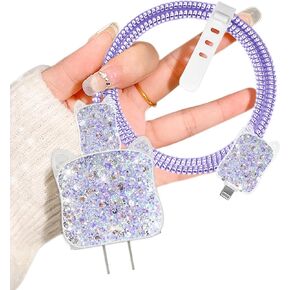 Luxury Cable Protector for Apple Charger Clear Cute Cat Head Shape Design, Sparkle Luxury Design Clear Soft Data Line Cable Wire Saver Phone Charging Protector for iPhone(Purple)