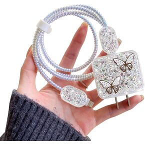 Cute Cable Protector for iPhone Charger Clear with Sparkle Pink Cherry Flowers Design Soft Cable USB-C Data Line Wire Saver Phone Charger Protector for iPhone X XR 11 12 13 14 15 Pro Max Plus