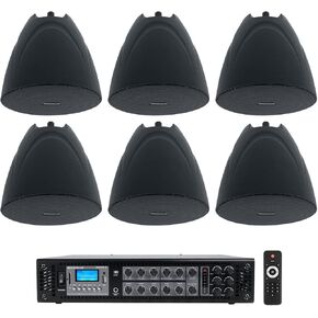 Rockville RCS180-6 Commercial Amp Bundle with (6) PEN-525T Black 5.25" 70V Hanging Pendant Speakers