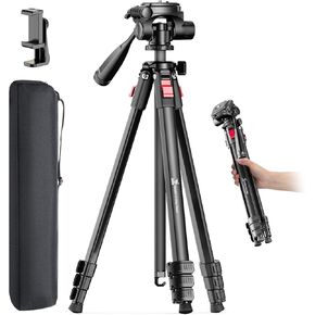 68" Lightweight Camera Tripod Stand, Compact Portable Travel Aluminum Tripod for DSLR/SLR, Compatible with Canon/Nikon/Phone (Supports 8.8 lbs, Weighs 2.46 lbs) Black