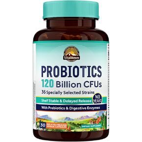 VITALITOWN Probiotics 120 Billion CFUs | 36 Strains, with Prebiotics & Digestive Enzymes for Men Women | Shelf Stable | Digestive & Immune Support | Vegan | 60 Delayed Release Veg Caps in Kuwait