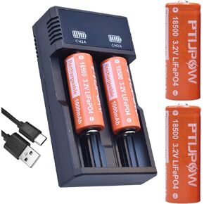 (4-Pack) 18500 3.2V LiFePO4 Solar Batteries with 3.2v LiFePO4 Charger, 18500 3.2 Volt 1000mAh Lithium Iron Phosphate Rechargeable Solar Battery for Outdoor Solar Lights (Not AA Battery)