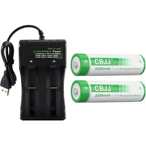 18650 Battery 3.7V 3200mah High Capacity Rechargeable with 2 Bay Smart Battery Charger for 3.7Volt Li-ion (Button Top, 2 Pack)
