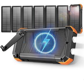 Solar Charger with 7 Panels, Portable Solar Power Bank, 15W Fast Charging Hand Crank Generator Built-in Lighter & Dual Flashlights