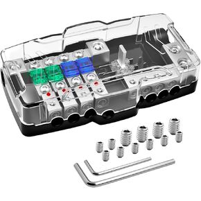 12V Fused Power Distribution Block Car Audio 4 Way MIDI (Mini-ANL) Fuse Block with Ground, 0/2/4 Gauge in 4/6/8 Gauge Out Distribution Block for Automotive Car Marine Boat Solar Panel