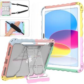 iPad (A16)10th Generation Case, iPad 10.9 Case 2025/2022(Model:A2696 A2757 A2777), Shockproof Silicone Case with Tempered Glass Screen Protector, Pencil Holder & Shoulder Strap, Handle Stand (B-Balck)