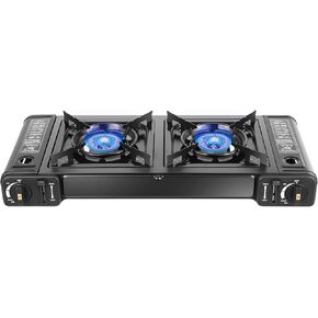 Double Burner Butane Stove, Butane Camping Stove Kit with Baking Pan and Carrying Case, Portable Auto Ignition Camping Burner LPG for RV, Apartments, Outdoor