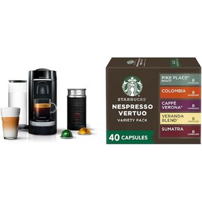 Nespresso Vertuo Plus Deluxe Coffee and Espresso Maker by De'Longhi, Piano Black with Aeroccino Milk Frother + Starbucks Capsules, Vertuo Line