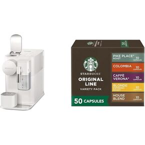 Nespresso Lattissima One Original Espresso Machine with Milk Frother, by DeLonghi, Porcelain White + Starbucks Capsules, Original Line
