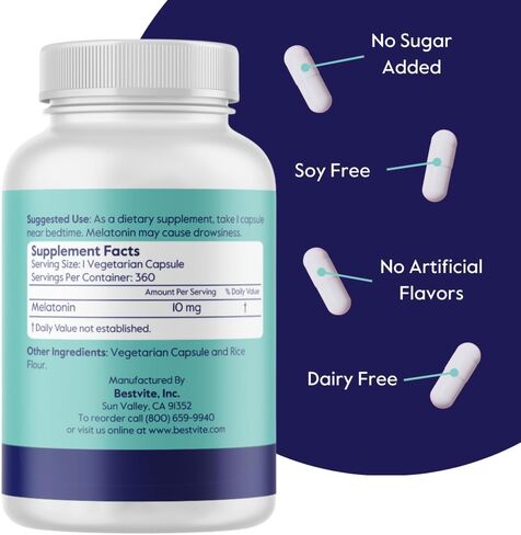 BESTVITE Melatonin 10 mg - 360 Veg Caps - No Stearates - No Sucralose, No Dextrose, No Silicon Dioxide, No Mannitol - Vegan - Non-GMO - Gluten-Free - Sleep Aid to Support Rest & Wake Cycles in Saudi Arabia