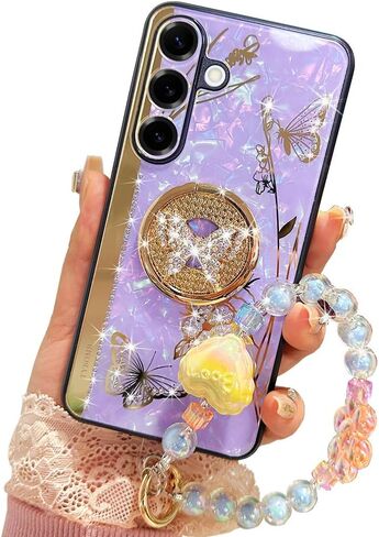 for Samsung Galaxy A36 Case with Kickstand,A36 5G Phone Case Girly Bling Diamond Butterfly Design,Luxury Plating Sparkle Pearl Hard Back Soft TPU Bumper with Bead Strap for Women Girls Purple in Kuwait
