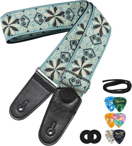 Guitar Strap, 2 inch Wide Jacquard Embroidery Cotton Adjustable Guitar Straps with Leather Ends, Soft & Comfortable, with Strap Locks & Picks, for Bass/Electric/Acoustic Guitar (Blue) in Saudi Arabia
