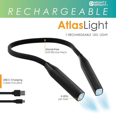 Mighty Bright Atlas Rechargeable Neck Light, 12 LED, 3 Color Temperatures, USB-C Charging Cable Included (Black) in Kuwait
