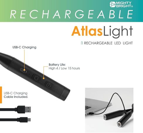 Mighty Bright Atlas Rechargeable Neck Light, 12 LED, 3 Color Temperatures, USB-C Charging Cable Included (Black) in Kuwait