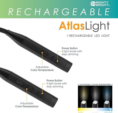 Mighty Bright Atlas Rechargeable Neck Light, 12 LED, 3 Color Temperatures, USB-C Charging Cable Included (Black) in Kuwait