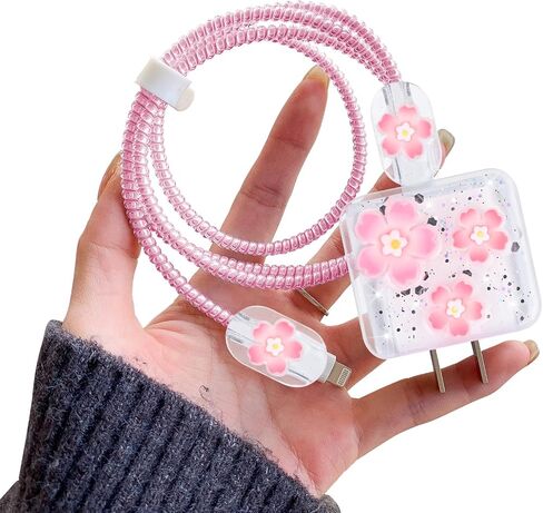 Cute Cable Protector for iPhone Charger Clear with Sparkle Pink Cherry Flowers Design Soft Cable USB-C Data Line Wire Saver Phone Charger Protector for iPhone X XR 11 12 13 14 15 Pro Max Plus in Saudi Arabia