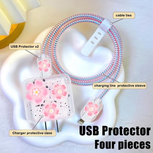 Cute Cable Protector for iPhone Charger Clear with Sparkle Pink Cherry Flowers Design Soft Cable USB-C Data Line Wire Saver Phone Charger Protector for iPhone X XR 11 12 13 14 15 Pro Max Plus in Saudi Arabia