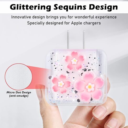 Cute Cable Protector for iPhone Charger Clear with Sparkle Pink Cherry Flowers Design Soft Cable USB-C Data Line Wire Saver Phone Charger Protector for iPhone X XR 11 12 13 14 15 Pro Max Plus in Saudi Arabia