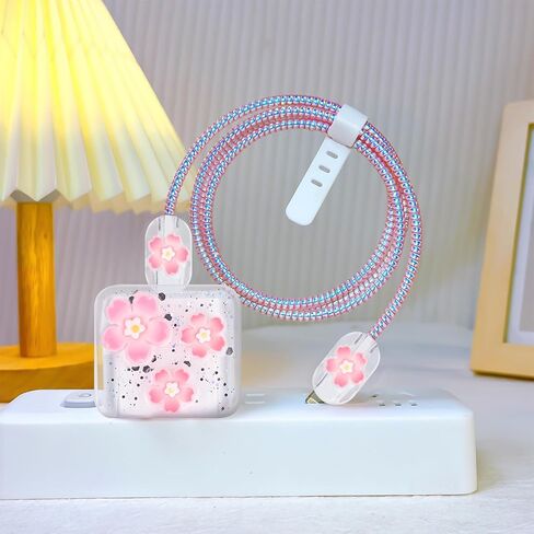 Cute Cable Protector for iPhone Charger Clear with Sparkle Pink Cherry Flowers Design Soft Cable USB-C Data Line Wire Saver Phone Charger Protector for iPhone X XR 11 12 13 14 15 Pro Max Plus in Saudi Arabia