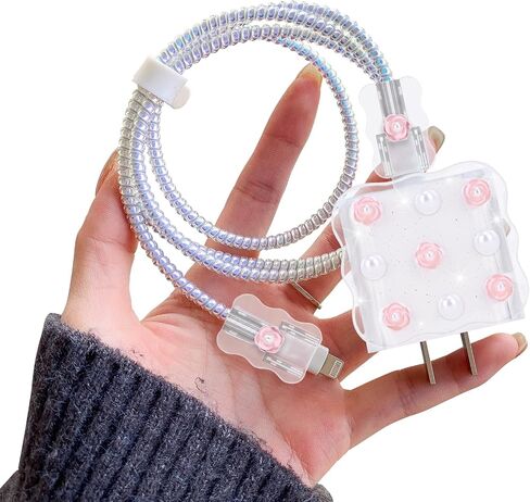 Wave Clear Cable Protector for iPhone Adapter Charger,Cute Pink Rose Flower Pearl Pattern, Glitter Bling Data Cable Wire Saver Phone Charger Protector for iPhone XR 11 12 13 14 15 16 Pro Max in Saudi Arabia