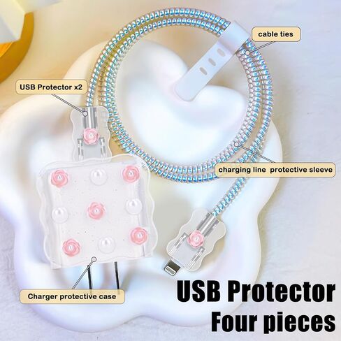 Wave Clear Cable Protector for iPhone Adapter Charger,Cute Pink Rose Flower Pearl Pattern, Glitter Bling Data Cable Wire Saver Phone Charger Protector for iPhone XR 11 12 13 14 15 16 Pro Max in Saudi Arabia