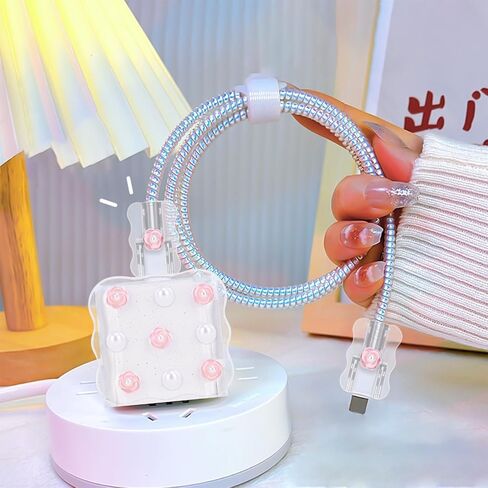 Wave Clear Cable Protector for iPhone Adapter Charger,Cute Pink Rose Flower Pearl Pattern, Glitter Bling Data Cable Wire Saver Phone Charger Protector for iPhone XR 11 12 13 14 15 16 Pro Max in Saudi Arabia