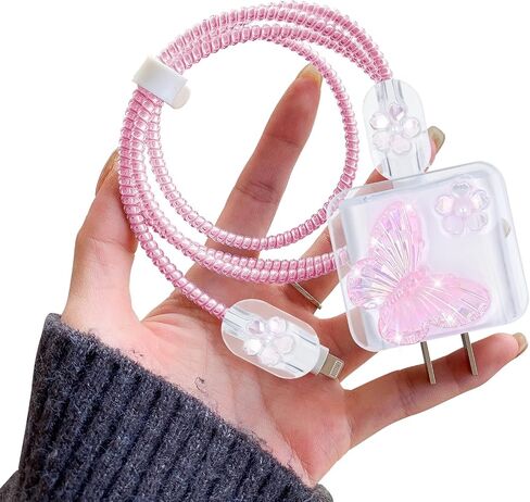 Cute Cable Protector for iPhone Charger Clear with Sparkle Pink Cherry Flowers Design Soft Cable USB-C Data Line Wire Saver Phone Charger Protector for iPhone X XR 11 12 13 14 15 Pro Max Plus in Saudi Arabia