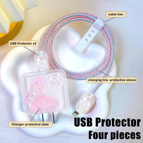 Cute Cable Protector for iPhone Charger Clear with Sparkle Pink Cherry Flowers Design Soft Cable USB-C Data Line Wire Saver Phone Charger Protector for iPhone X XR 11 12 13 14 15 Pro Max Plus in Saudi Arabia