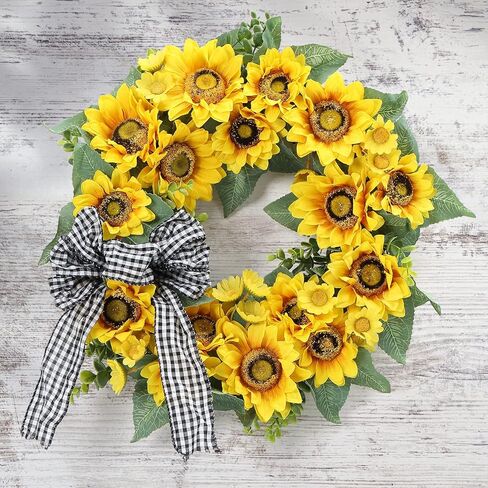 Sunflower Spring Wreath for Front Door, 18 Inch Artificial Sunflower Eucalyptus Home Decor Wreath with Bowknot for Indoor Outdoor Wedding Party Holiday Srping and Summer Home Decoration in Kuwait