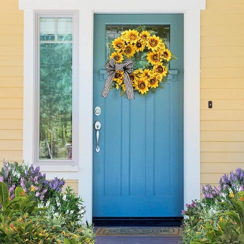 Sunflower Spring Wreath for Front Door, 18 Inch Artificial Sunflower Eucalyptus Home Decor Wreath with Bowknot for Indoor Outdoor Wedding Party Holiday Srping and Summer Home Decoration in Kuwait