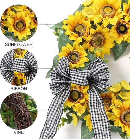 Sunflower Spring Wreath for Front Door, 18 Inch Artificial Sunflower Eucalyptus Home Decor Wreath with Bowknot for Indoor Outdoor Wedding Party Holiday Srping and Summer Home Decoration in Kuwait