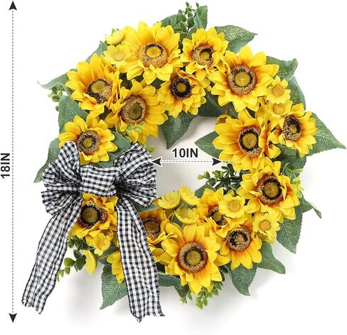 Sunflower Spring Wreath for Front Door, 18 Inch Artificial Sunflower Eucalyptus Home Decor Wreath with Bowknot for Indoor Outdoor Wedding Party Holiday Srping and Summer Home Decoration in Kuwait
