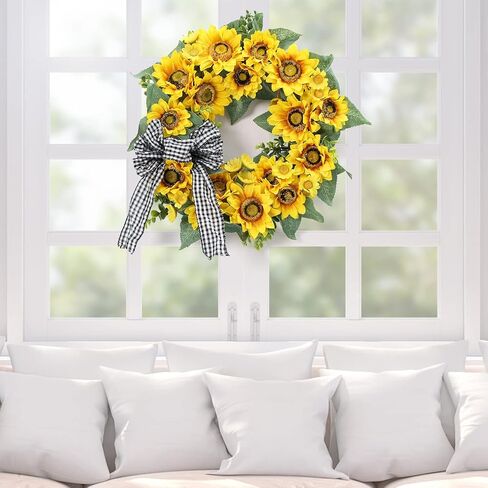 Sunflower Spring Wreath for Front Door, 18 Inch Artificial Sunflower Eucalyptus Home Decor Wreath with Bowknot for Indoor Outdoor Wedding Party Holiday Srping and Summer Home Decoration in Kuwait
