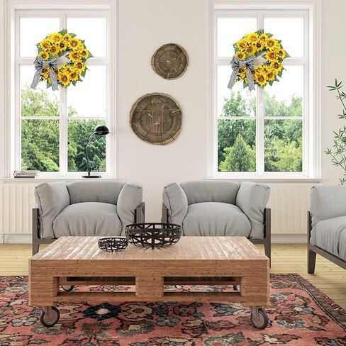 Sunflower Spring Wreath for Front Door, 18 Inch Artificial Sunflower Eucalyptus Home Decor Wreath with Bowknot for Indoor Outdoor Wedding Party Holiday Srping and Summer Home Decoration in Kuwait