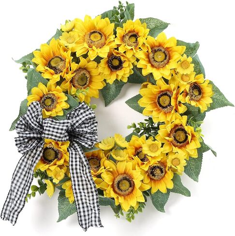 Sunflower Spring Wreath for Front Door, 18 Inch Artificial Sunflower Eucalyptus Home Decor Wreath with Bowknot for Indoor Outdoor Wedding Party Holiday Srping and Summer Home Decoration in Kuwait