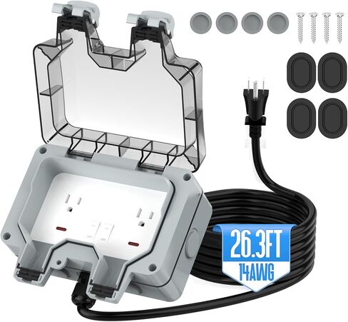 Outdoor Outlet Box with 26.3Ft Extension Cord, NEMA 5-15R, IP66 Waterproof Outdoor Outlet Box w/Lockable Cover & LED Indicator (Double Plug Socket) - Perfect for Gardens, Yards & Sports Fields in Kuwait