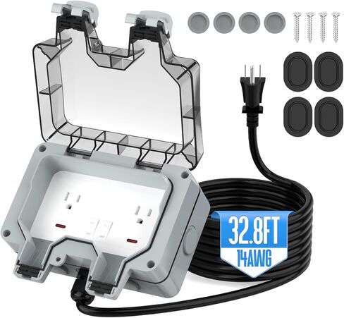 Outdoor Outlet Box with 26.3Ft Extension Cord, NEMA 5-15R, IP66 Waterproof Outdoor Outlet Box w/Lockable Cover & LED Indicator (Double Plug Socket) - Perfect for Gardens, Yards & Sports Fields in Kuwait