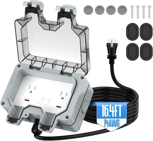 Outdoor Outlet Box with 26.3Ft Extension Cord, NEMA 5-15R, IP66 Waterproof Outdoor Outlet Box w/Lockable Cover & LED Indicator (Double Plug Socket) - Perfect for Gardens, Yards & Sports Fields in Kuwait