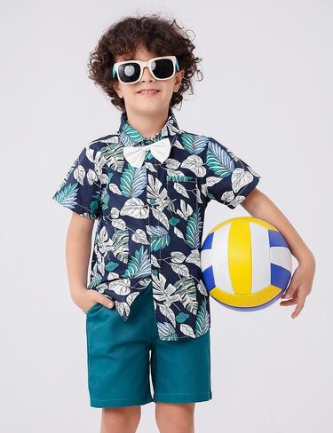 JunNeng Toddler Baby Boy Shorts Sets Hawaiian Outfit,Infant Kid Leave Floral Short Sleeve Shirt Top+shorts Suits,Blue in Saudi Arabia