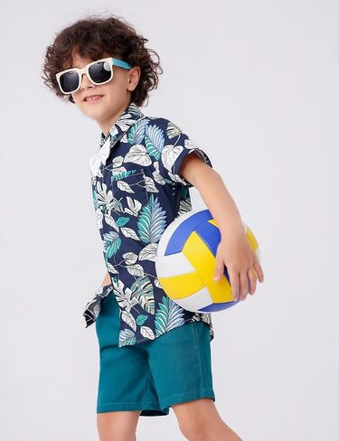 JunNeng Toddler Baby Boy Shorts Sets Hawaiian Outfit,Infant Kid Leave Floral Short Sleeve Shirt Top+shorts Suits,Blue in Saudi Arabia