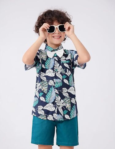 JunNeng Toddler Baby Boy Shorts Sets Hawaiian Outfit,Infant Kid Leave Floral Short Sleeve Shirt Top+shorts Suits,Blue in Saudi Arabia