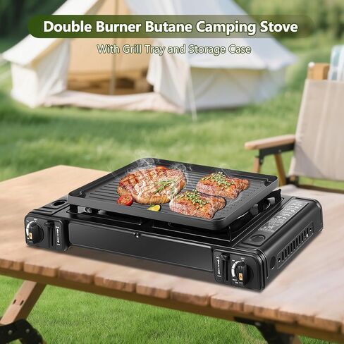 موقد بوتيان مزدوج الموقد ، مجموعة موقد التخييم مع مقلاة الخبز وحالة حمل ، محمولة Auto Ignition Camping Burner LP في RV ، الشقق ، في الهواء الطلق in Kuwait
