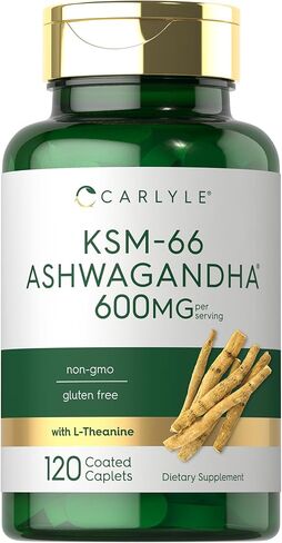 KSM-66 Ashwagandha 600mg | 180 Caplets | Extract Supplement with L-Theanine | Vegan, Non-GMO, Gluten Free | by Carlyle in Saudi Arabia