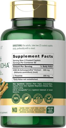 KSM-66 Ashwagandha 600mg | 180 Caplets | Extract Supplement with L-Theanine | Vegan, Non-GMO, Gluten Free | by Carlyle in Saudi Arabia
