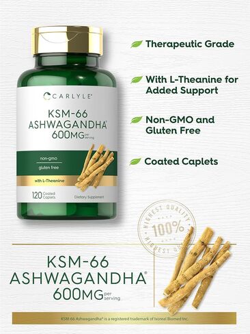 KSM-66 Ashwagandha 600mg | 180 Caplets | Extract Supplement with L-Theanine | Vegan, Non-GMO, Gluten Free | by Carlyle in Saudi Arabia