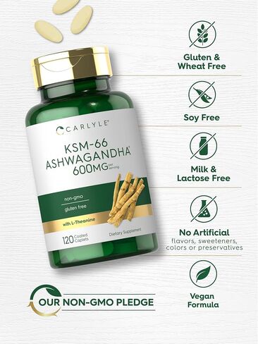 KSM-66 Ashwagandha 600mg | 180 Caplets | Extract Supplement with L-Theanine | Vegan, Non-GMO, Gluten Free | by Carlyle in Saudi Arabia