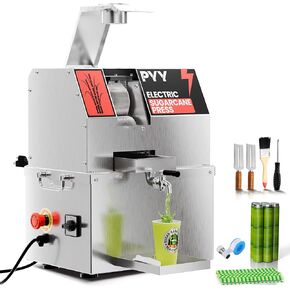 PYY Sugar Cane Juicer Machine - Commercial Countertop Electric 3-Rollers Sugarcane Juice Press Stainless Steel Washable Extractor, Guarapera de Caña de Azúcar Eléctrica w/ 2 Peelers, Brush, 600W