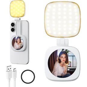 Magnetic Selfie Light for Phone: 5 Led Mode with Mirror Compatible for iPhone & Android - Rechargeable Portable Fill Light for Photography/Video Recording/Conference/Vlog/Makeup (Black)