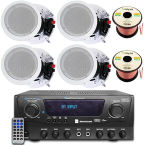 Home Theater Sound System Kit - 1000 Watts Bluetooth Amplifier w/ 4 QTY of 8" Framed Ceiling Speakers 300 W Each, 100 ft Speaker Wire & Remote Perfect for Home, Office,Bar, Restaurant by Technical Pro